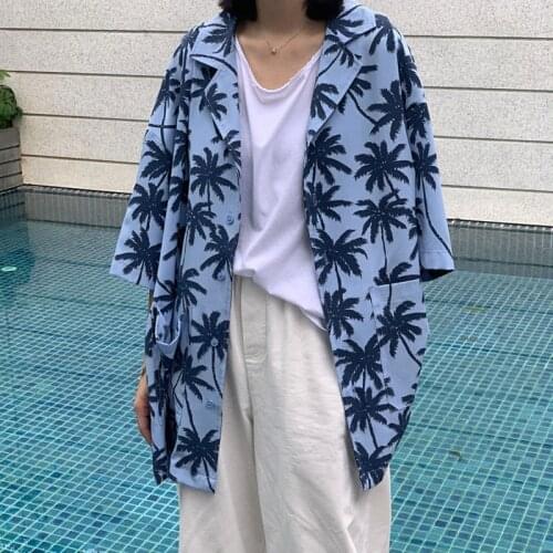 Chic Blue Coconut Tree Full Print Short Sleeve Shirt Women Button Up T Shirts 2021New Beach Style Casual Oversized Summer Ladies