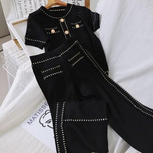 White/Black Knitted Women Two Piece Set Elegant Short Sleeve O-neck Casual Tops Shirts And Loose Pants 2 Piece Set