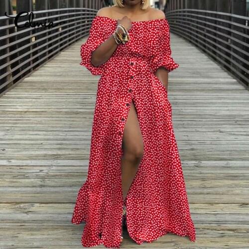 Off Shoulder Sexy Summer Dress 2021 Celmia Women Split Floral Print Maxi Long Sundress Lantern Sleeve Casual Vestidos