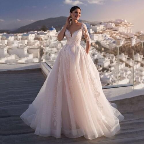 Thinyfull New Arrival Ball Gown Wedding Dresses V Neck Half Sleeve Court Train Bridal Gown Tulle Lace Appliques Vestido De Novia