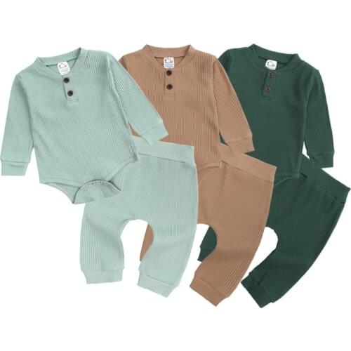 2021 Infant Newborn Baby Girls Boys Spring Autumn Ribbed Solid Clothes Sets Long Sleeve Bodysuits + Elastic Pants Solid Outfits