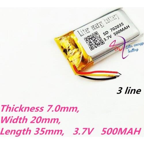 3 wires Polymer battery 702035 3.7V 500MAH smart home MP3 speakers Li-ion battery for DVR,GPS,MP3,MP4,cell phone,speaker