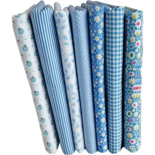 7pcs Blue Series Cotton Apparel Fabric Flower Floral Pattern Sewing Textile Material for DIY Patchwork Bedding