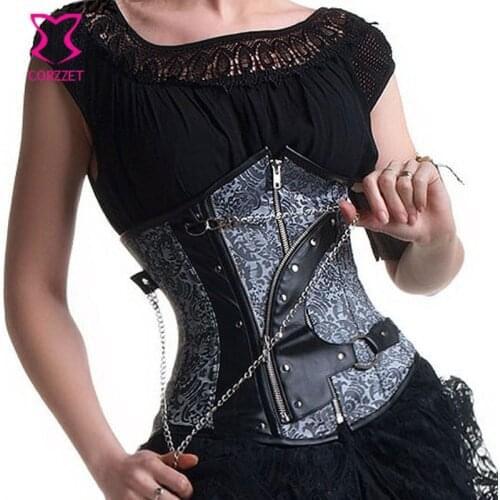 Corzzet Gray Leather Zipper Belt Steel Boned Underbust Steampunk Corsets And Bustiers Waist Trainer Women Gothic Corset Cincher