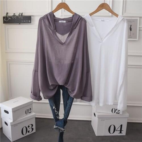Summer Women Thin Hooded Tees Long Sleeve 2021 New Solid Ultra Soft Loose Casual T Shirt Tunic Top Maxi Size