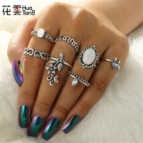 HuaTang Vintage Antique Silver Color Geometric Flower Ring Opals Knuckle Rings Anel Anillos for Women Wedding Jewelry 6340
