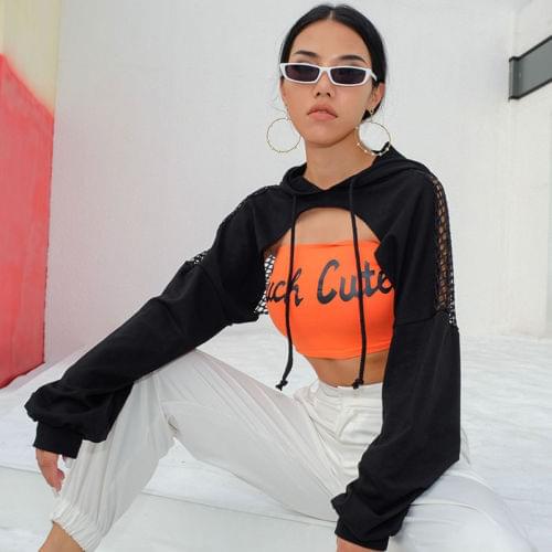 Fashion Streetwear Cropped Women Hoodie Sexy Mesh Fish Net Hooded Chest Hollow Sweatshirt Tops Club Wear Pullover