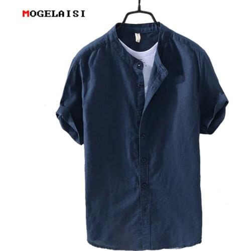 MOGELAISI brand linen shirts men summer New short sleeve comfortable tops solid cotton linen man shirt flax clothing 740