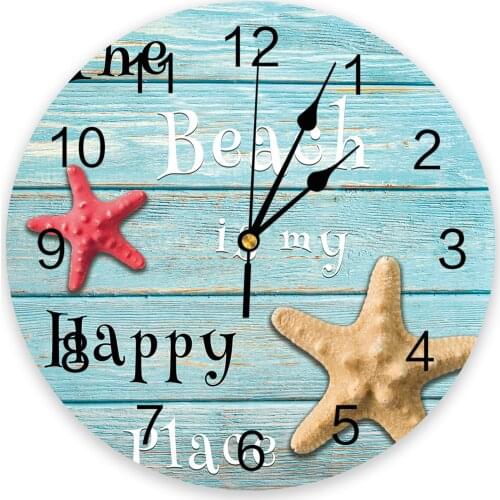 Wood Grain Beach Text Starfish Wall Clock For Modern Home Decoration Teen Room Living Room Needle Hanging Watch Table Clock