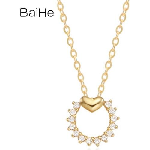 BAIHE Solid 18K Yellow Gold 0.07CT Round Natural Diamonds Women Wedding Jewelry Trendy Gift Simple diamond Necklaces