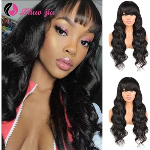 ZHUOJIA Remy Hair Long Hair Natural Color Wig With Bangs Full Machine Made Wig Body Wave Wigs Human Hair Wigs For Black Women