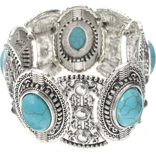 Vintage Tibetan Nepal Bracelet Ethnic Style Boho Blue Natural Stone Bangle Bracelet for Women Antique Bracelets Jewelry