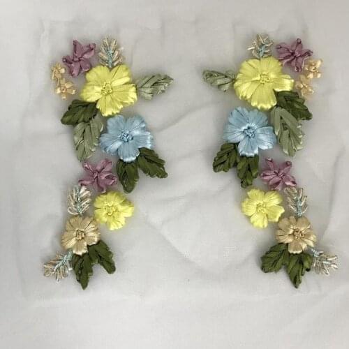 Mirror Pair Ribbon Garden Flower Applique Yellow / Baby blue Mix colors Mesh Sew On Applique for Dance Dress Wedding Hair flower