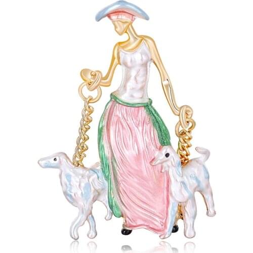 Creative Walk The Dog Girls Brooches for Women Alloy Enamel Lapel Cute Coat Shirt Collar Pin Clothing Accessories AL629