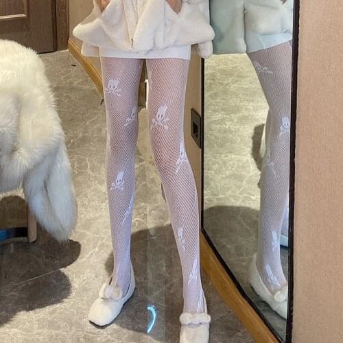 Fishnet Pantyhose JK Sexy Women Underwear Skull Collants ins Trendy Stockings Harajuku Style Lady Thigh High Black White Tights