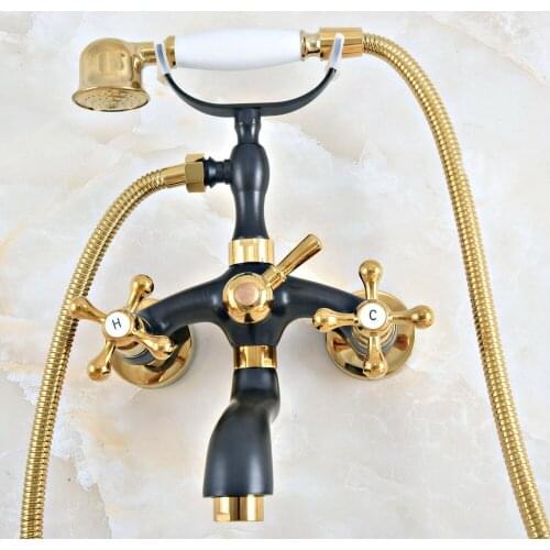 Black Gold Color Brass Wall Mount Bathroom Tub Faucet Dual Cross Handles Telephone Style Hand Shower Clawfoot Tub Filler ana410