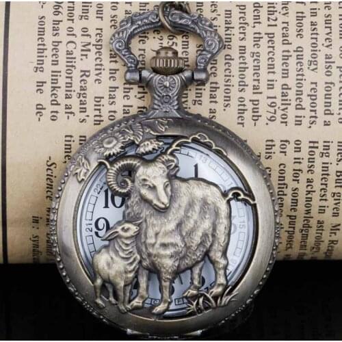 Unisex Kids Quartz Pocket Watches Engraved Sheep Zodiac Symbol Hollow Fob Watches Chain Watch for Men Women