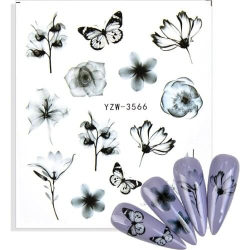 1 Sheet Black Ink Painting Blooming Water Decal Flower Insect Pattern Butterfly Nail Art Sticker Decoration DIY Watermark Slider