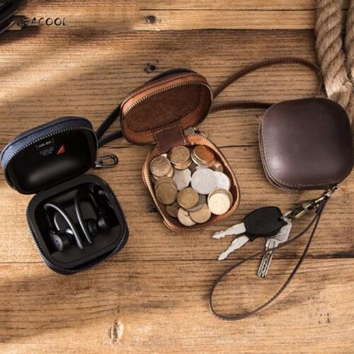 Genuine Leather Mini Coin Purse With Hook Cowhide Wrist Zipper Creative Coin Bag For Men Multi function Earphone Storage Box