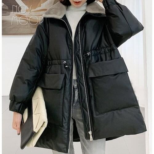 Novmoop American casual style genuine leather sheepskin women down coat with adjustable waist string big front pocket LT3281