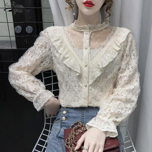 Autumn V-neck Mesh Stitched Ruffle Blouse Women Blusas Elegant Stand Collar Hollow Lace Shirt Flare Long Sleeve Top Women 16850