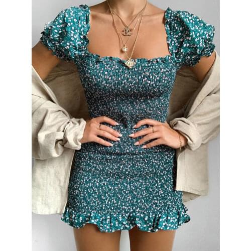 2020 Retro Green Floral Print Fashion Summer Women Sundress Mini Dresses Puff Sleeve Square Collar Sexy Ruffles Party Dress