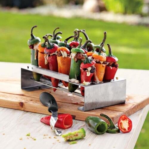Kitchen BBQ Stainless Steel Chili Pepper Grill Rack 18 Holes Chicken Leg Roaster Stand with Handles for Outdoor Barbecue Tool