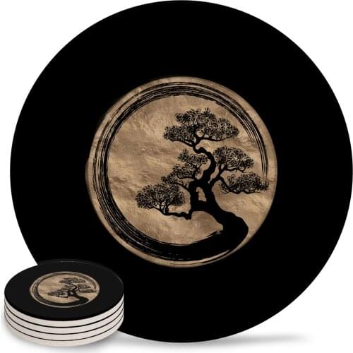 Zen Circle and Bonsai Tree Coasters Waterproof Tea Cup Mat Christmas Home Decor Coffee Table Decor Ceramic Coasters