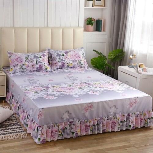 2021 Bedsheet Floral Colorful Queen King Size with Two Pillow Covers Summer Cool Lace Bed SKirt Ruffled Soft
