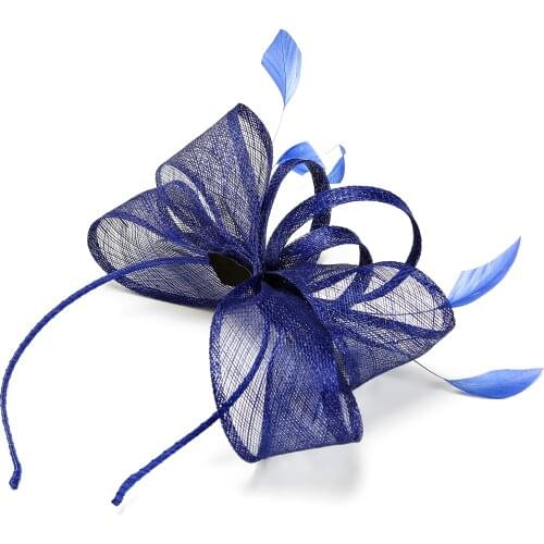 New Church Hat Women Fascinators Elegant Blue Bow Linen Hat Feather Royal Banquet Headdress Bridal Wedding Church Party Lady Cap