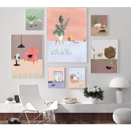 Funny Cute Kawaii Cats Plants Flower Canvas Painting Wall Art Nordic Posters and Prints Wall Pictures for Living Room Decoration