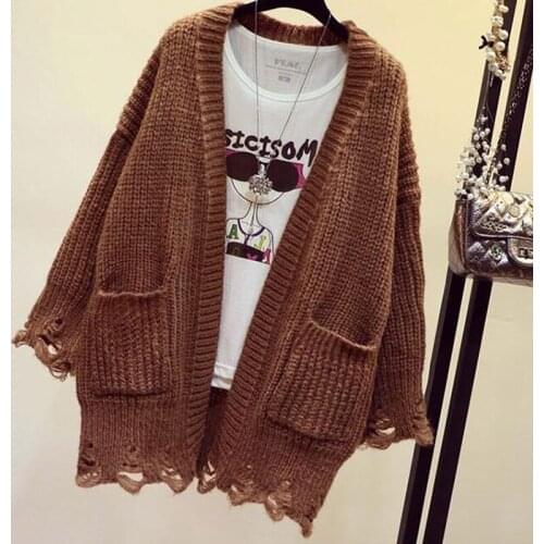 Jacket women Korean loose casual sweater 2021 new knitted cardigan women solid color ripped blouse fashion all-match