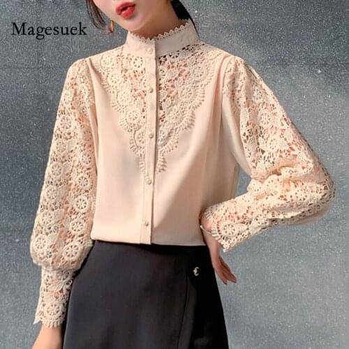 New Crochet Hollow Lace Patchwork Shirt Spring Fashion Long Lantern Sleeve Button Top Stand Collar Lace Blouse Women Blusa 13324