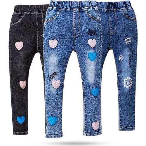 4-12Year Girls Jeans Spring Autumn Love Pattern Casual Jeans Girls Elastic Waist Pants Stretch Jeans Children Slim Pencil Pants