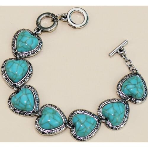 FYJS Unique Silver Plated Stackable Love Heart Many Colors Turquoises Stone Link Chain Bracelet Romantic Style Jewelry