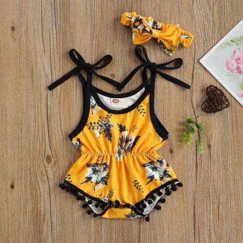 2Pcs Breathable Baby Girls Outfit Toddlers Summer Creative Fruit/Floral Printing Plush Ball Suspender Romper + Bow Headwear