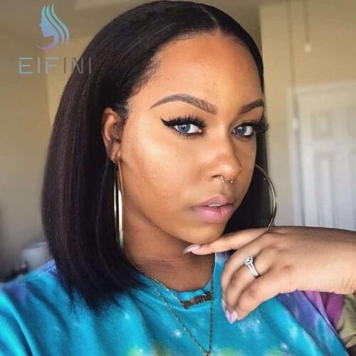 Kinky Straight Short Bob Lace Front Human Hair Wigs For Black Women Pre plucked 13x6 Remy Brazilian Yaki Straight Front Lace Wig