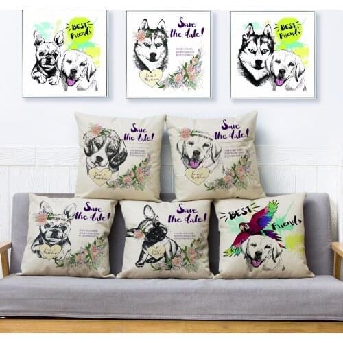 Cute Cartoon Labrador Bulldog Pet Dog Print Throw Pillow Cover 45*45cm Cushion Covers Linen Pillow Case Home Decor Pillows Cases