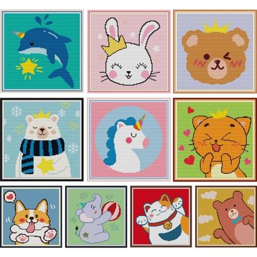 Cartoon Cute Animal Cross Stitch Embroidery Needlework Kit Stamped Thread Gift 11CT 14CT Print Counted Fabric Handmade Craft Set