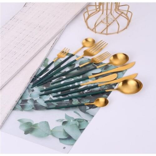 Matte Dinnerware Green Gold Stainless Steel Cutlery Set Complete Dessert Knifes Forks Spoons Set Steel Cutlery Kitchen Tableware