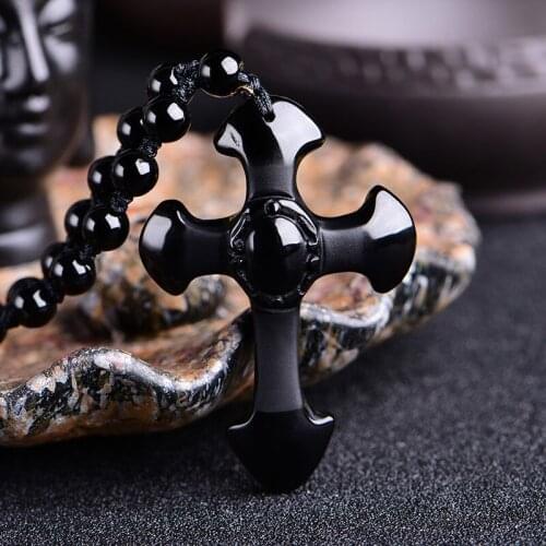 Natural Frosted Obsidian Cross Pendant Necklaces Manual Rope Women Men Ice Obsidian Necklace Fashion Jewelry For Gift Dropship