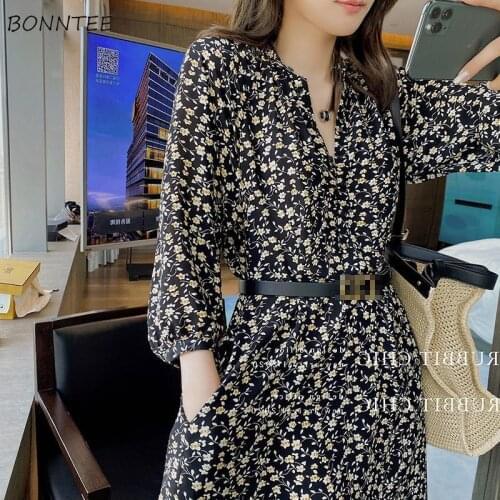 Dress Women French Flower V-neck Straight Elegant Long-sleeve Spring Summer Lacing Korean Fashion Leisure Streetwear Ins Vestido