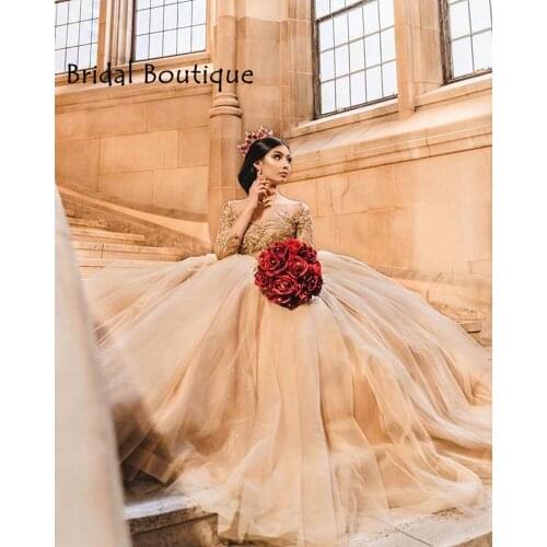 Gold Lace Beaded Crystals vestido de 15 anos Quinceanera Dresses 2020 Sheer Neck Long Sleeves Tulle Party Sweet 16 Dress