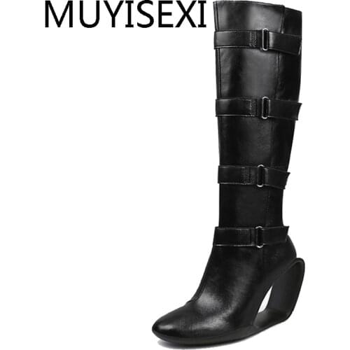 Black Women Knee High Boots Back Zipper Full Genuine Leather 8cm Strange High Heel Shoes Woman Buckle Botas Mujer HL201 MUYISEXI