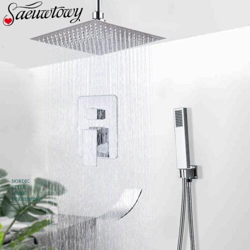 Rain Shower Mixer Valve Installed On The Chrome Ceiling Waterfall Hand Shower Bathroom Shower Faucet Spout Concealed Shower