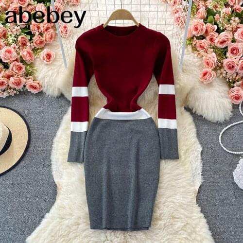 2021 New Spring Autumn Fashion O-neck long sleeve knitted Dress hit color patchwork high waist elastic mid-length wrap Dress