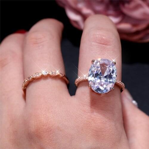 Vintage Female White Zircon Ring Set Classic Rose Gold Color Engagement Ring Luxury Crystal Oval Wedding Rings For Women