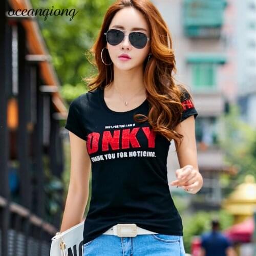 2018 Summer Women T shirt Tops Letters Printing Short Sleeve O Neck Slim Cotton Women T Shirt Plus Size Black White Oversize