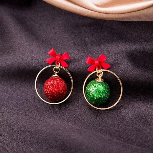 U-Magical Christmas Asymmetric Red Green Round Ball Dangle Earring for Women Red Bowknot Hollow Metal Earring Jewelry Pendientes
