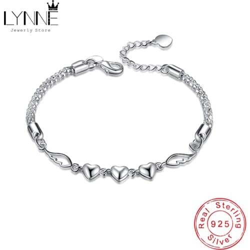 New Fashion Angel Wing Pendant Bracelet 925 Sterling Silver Three Grain Heart Charm Bracelets For Women Jewelry Hand Chain Gift